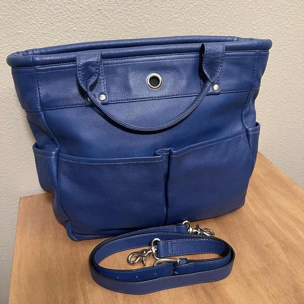 Levanger St. Tropez Large Pebbled Leather Tote Bag Blue Crossbody Teacher EUC